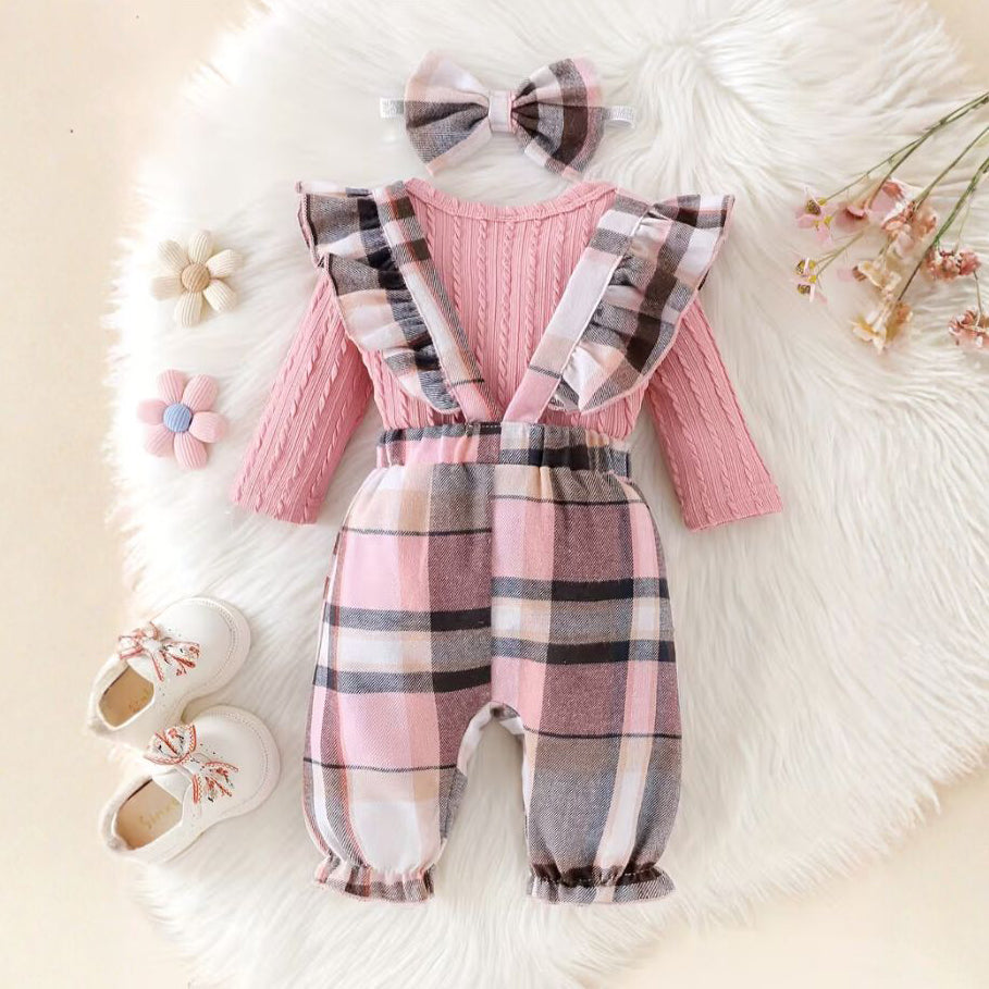 3PCS Grace Plaid Printed Suspender Baby Set