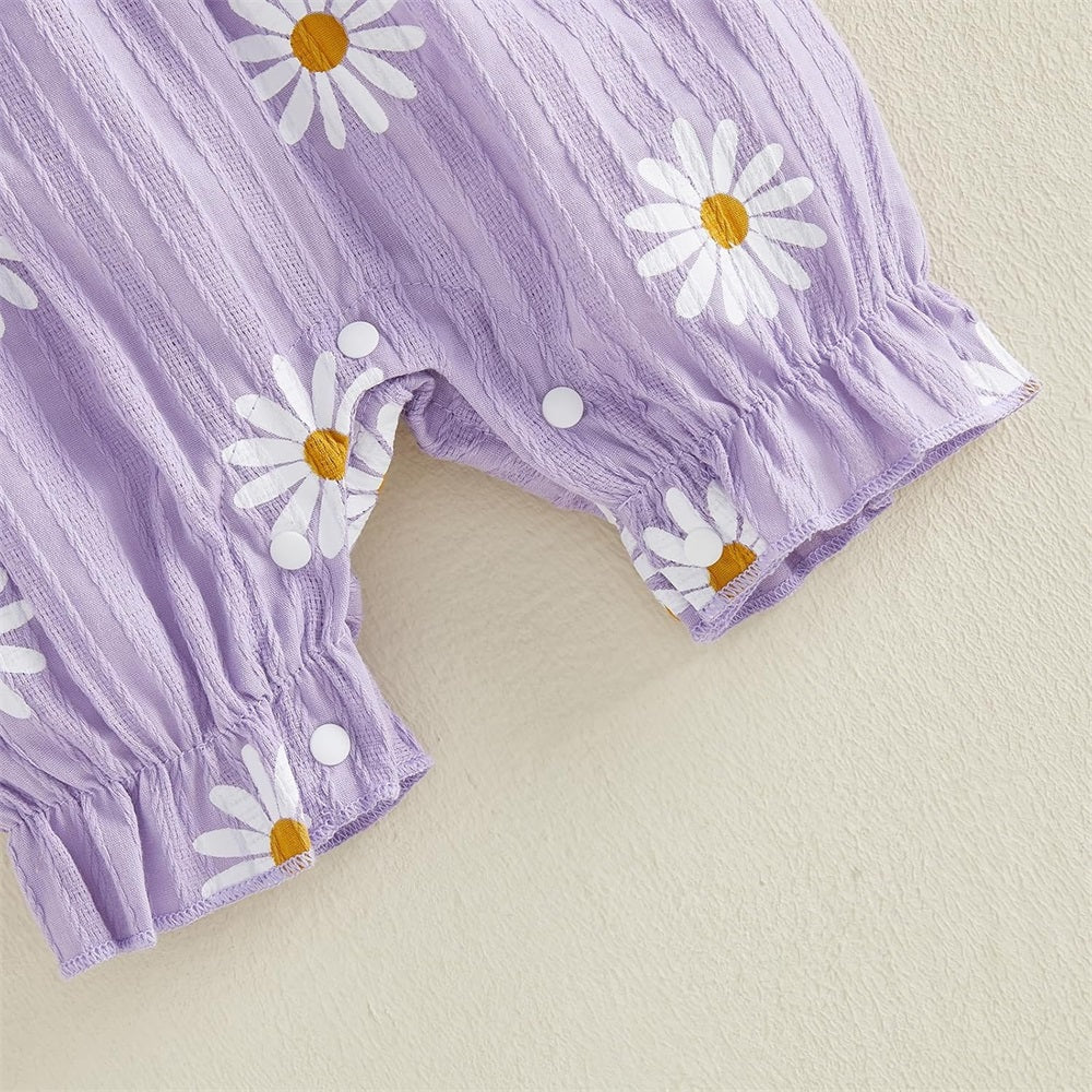 2PCS Casual Daisy Printed Bow Short Sleeve Baby Jumpsuit