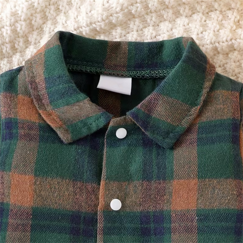 2PCS Cute Puppy Printed Plaid Long Sleeve Baby Overalls Set