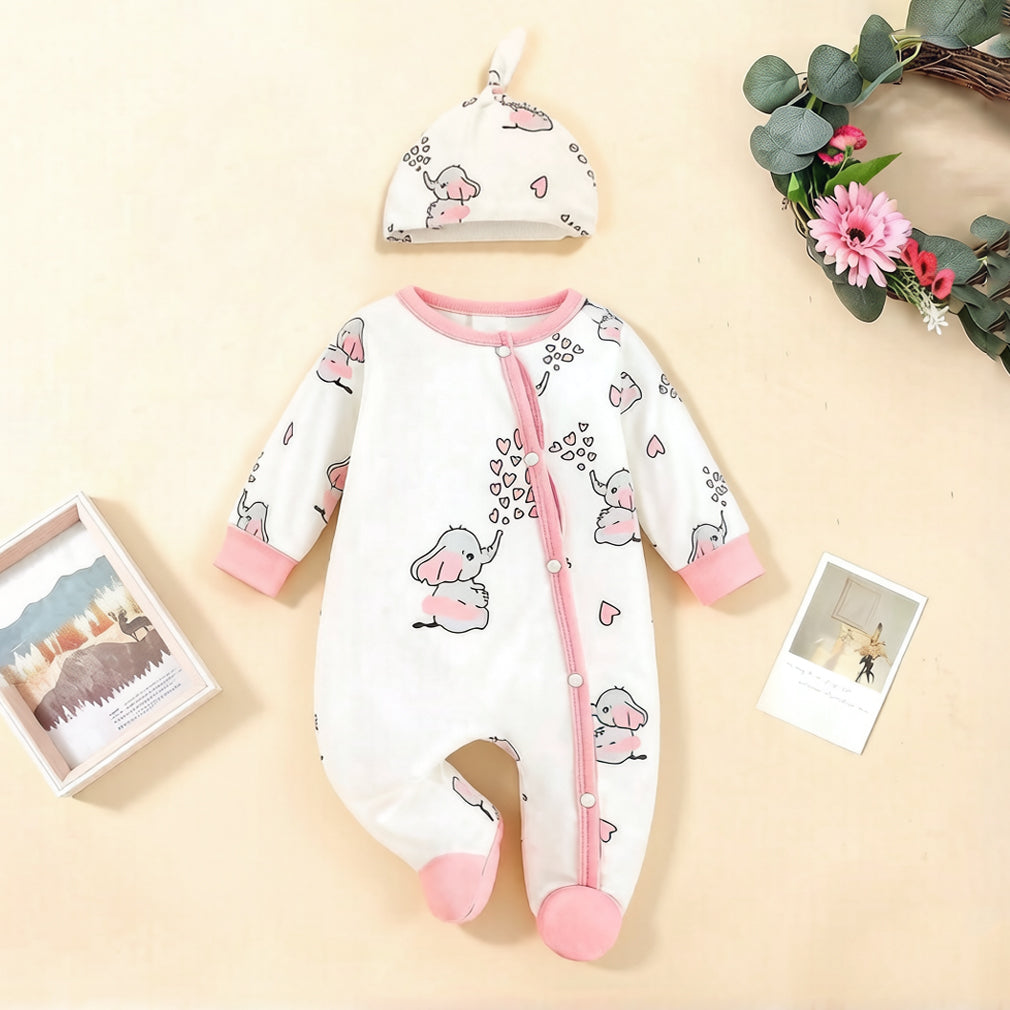 2PCS Cute Elephant Print Long Sleeve Baby Jumpsuit