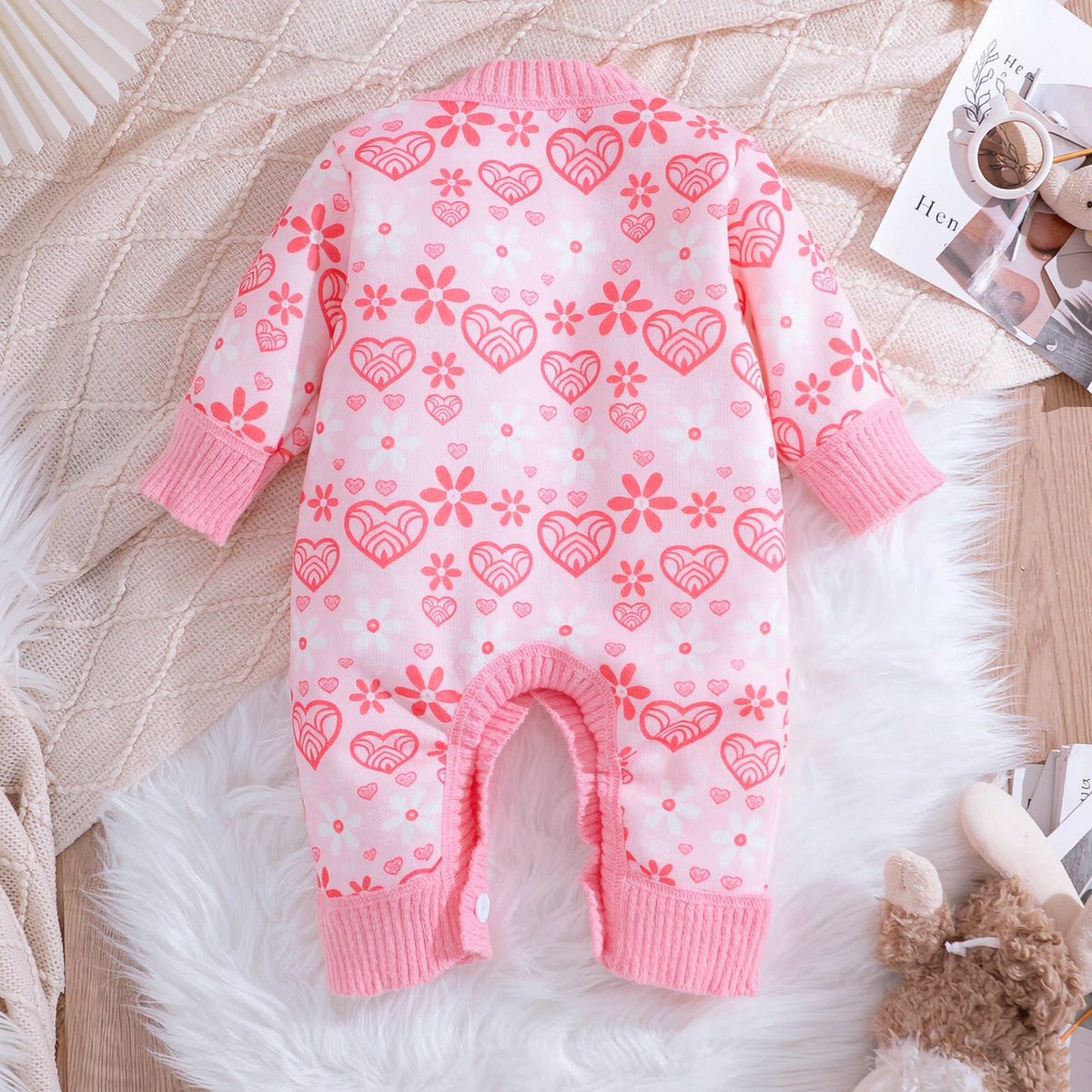 Pretty Heart Floral Print Long Sleeve Knit Baby Girl Jumpsuit