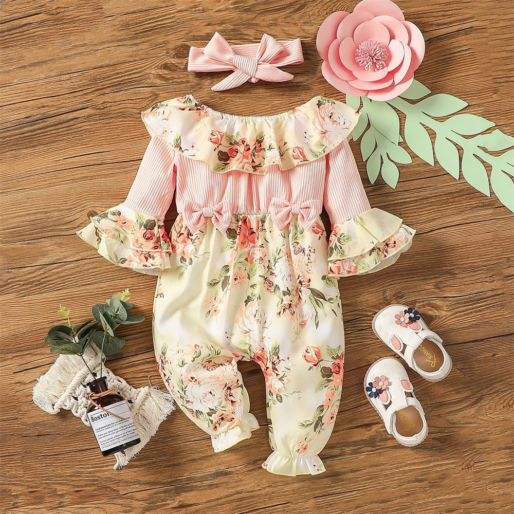 2PCS Fashion Floral Print Flared Long Sleeve Baby Jumpsuit