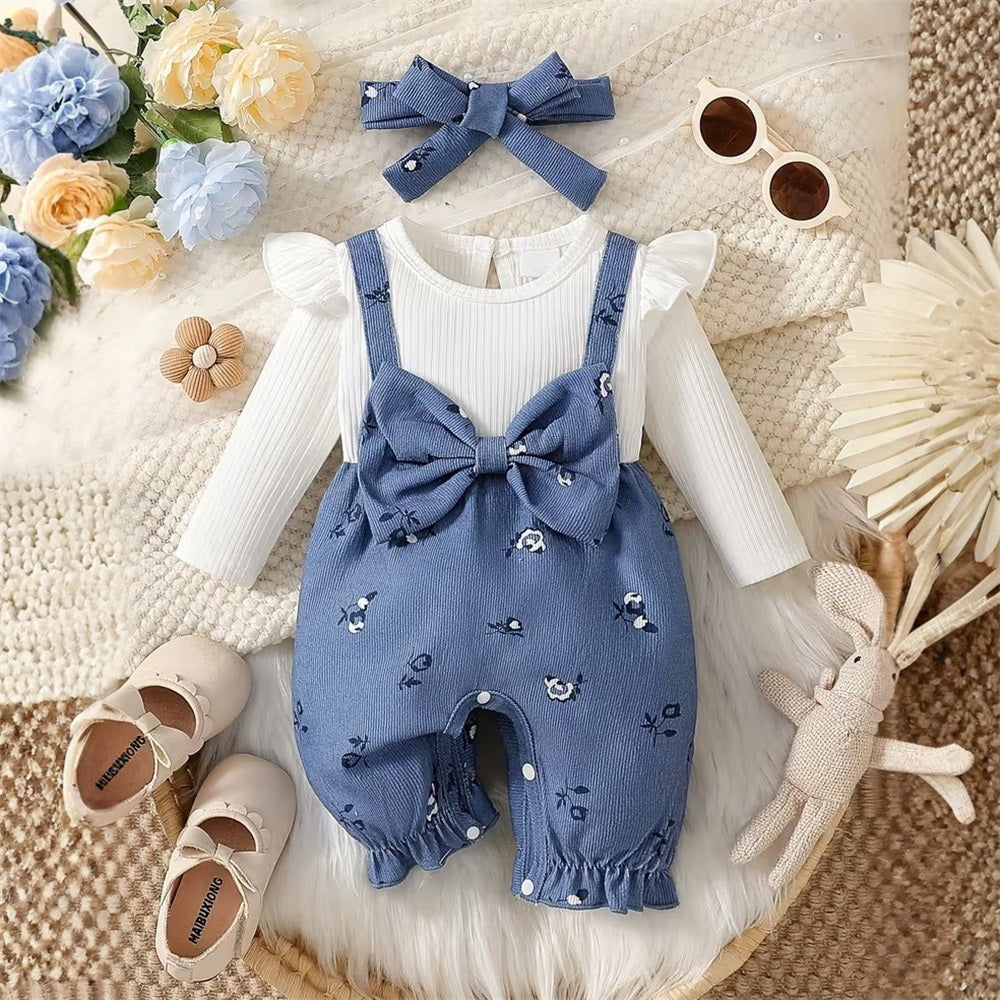 2PCS Stylish Floral Print Bow Long Sleeve Baby Jumpsuit