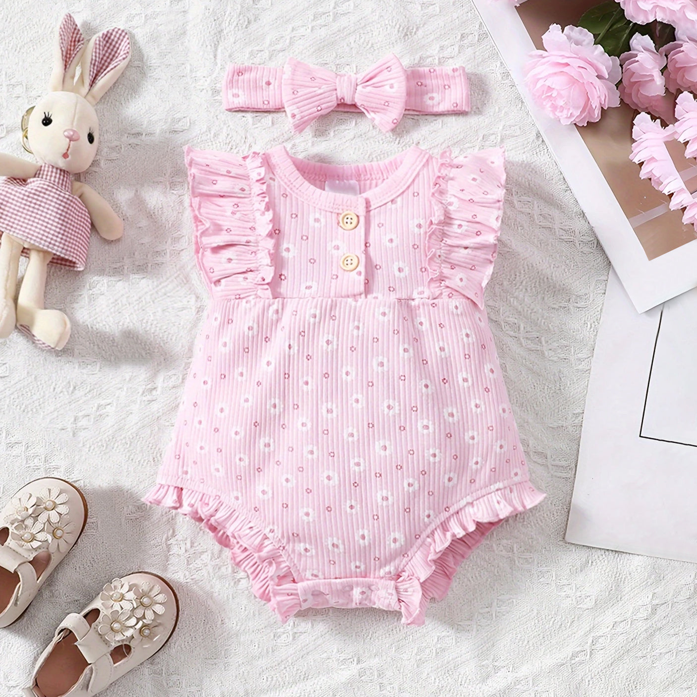 2PCS Graceful Floral Printed Sleeveless Baby Romper