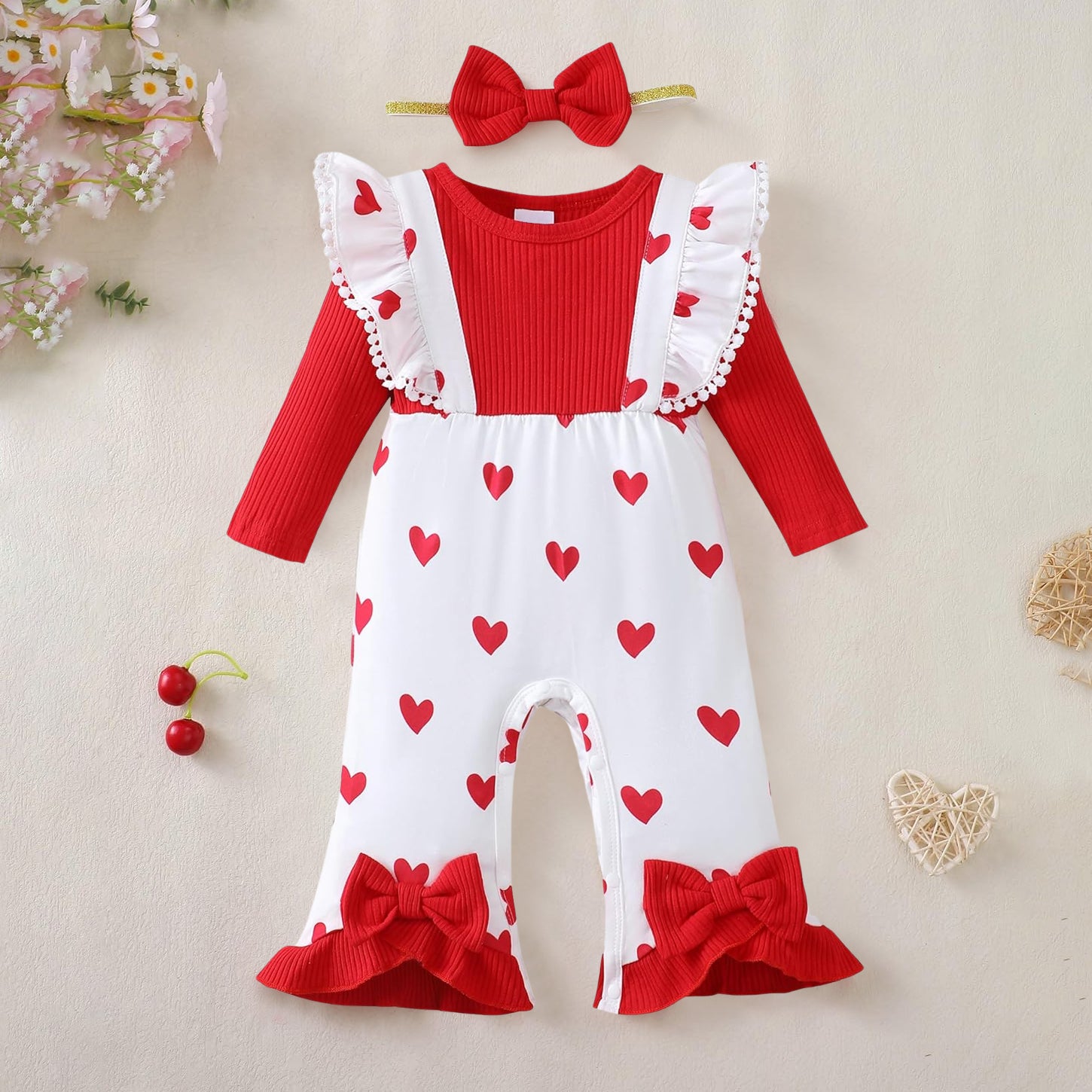 2PCS Grace Heart Print Long Sleeve Baby Jumpsuit