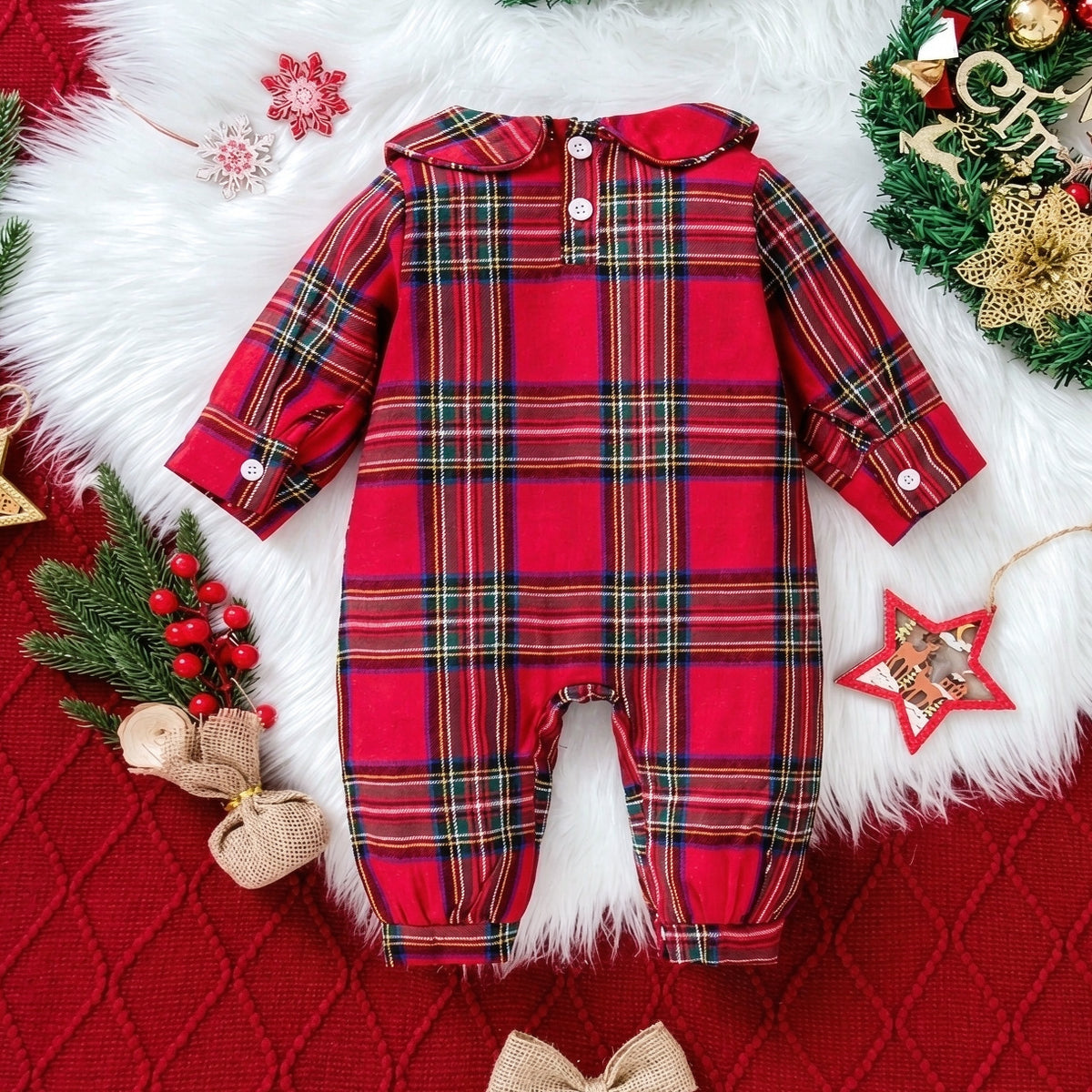 Sweet Christmas Tree Embroidered Plaid Printed Long Sleeve Baby Girl Jumpsuit