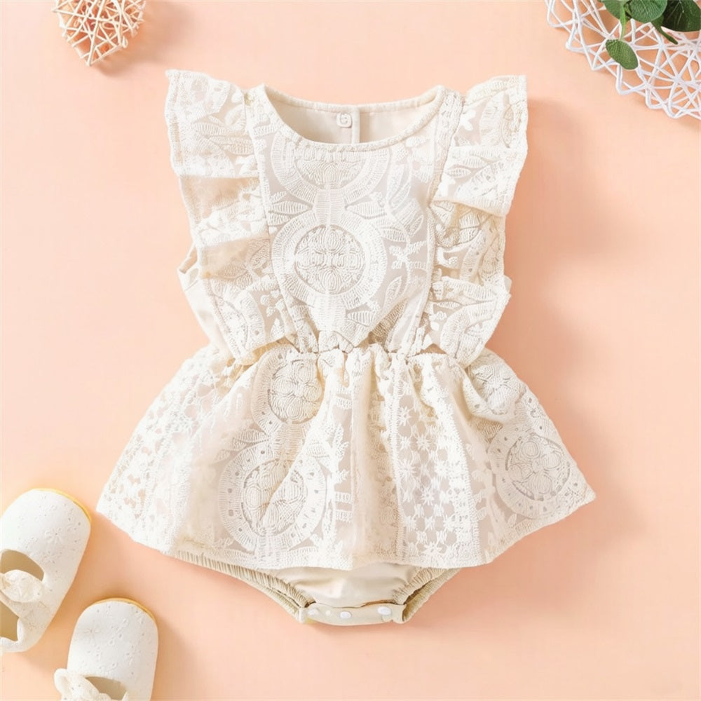 Floral Embroidery Ruffle Trim Sleeveless Schiffy Baby Romper