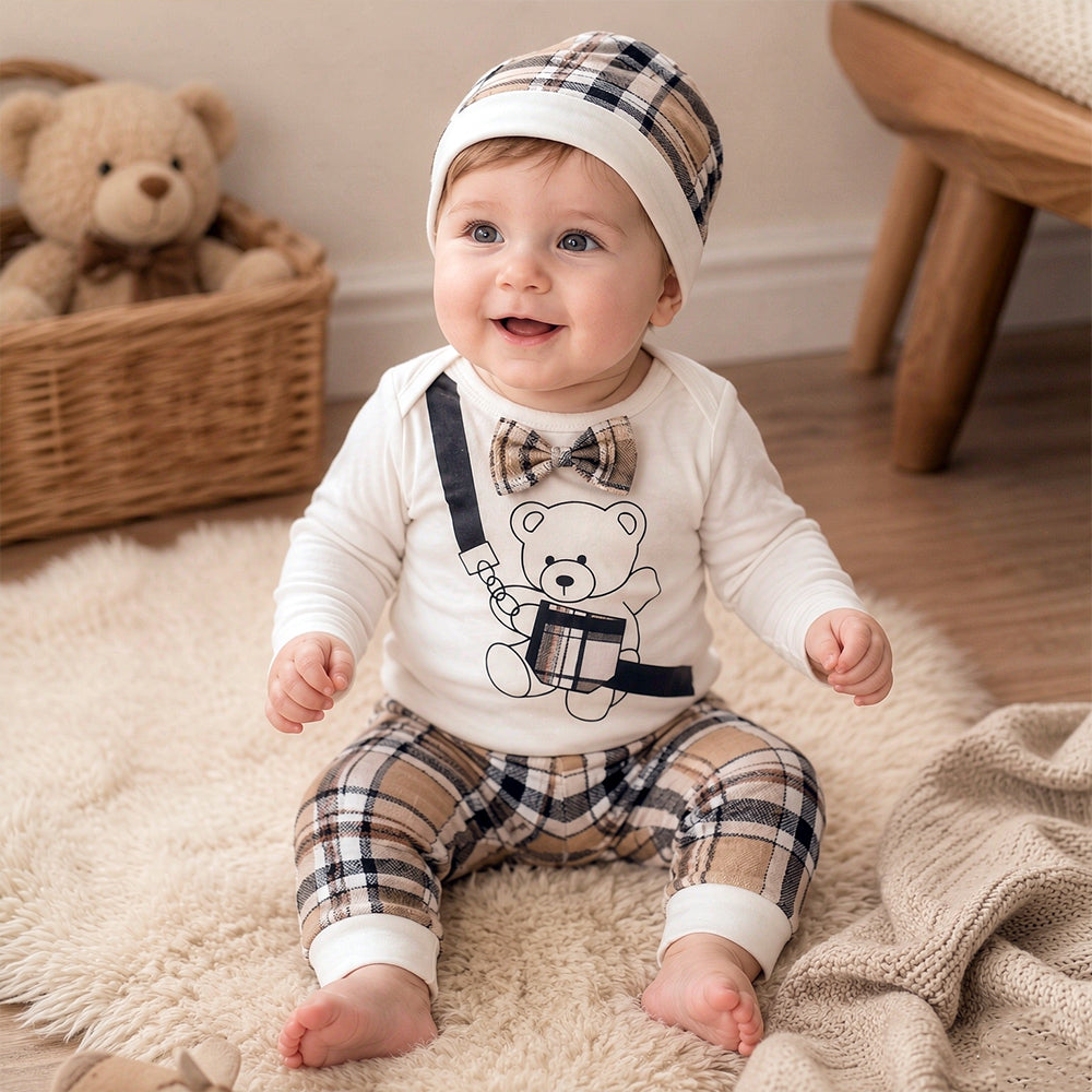 3PCS Casual Teddy Bear Plaid Print Long Sleeve Baby Boy Set