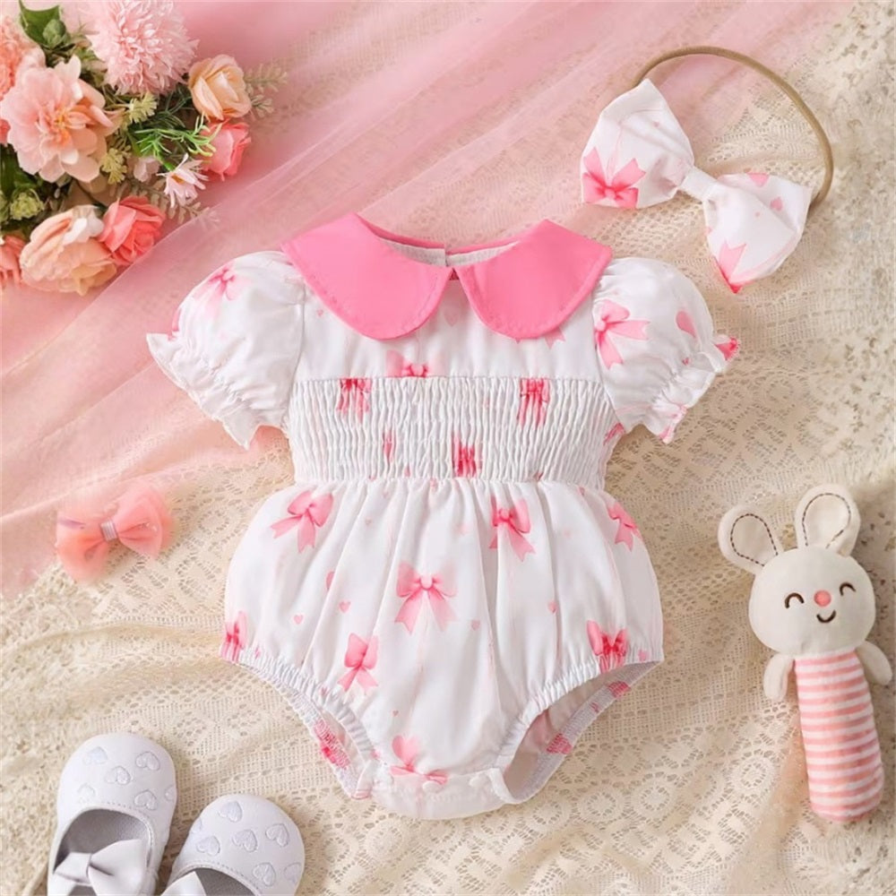 2PCS Lovely Bow Printed Short Sleeve Baby Romper