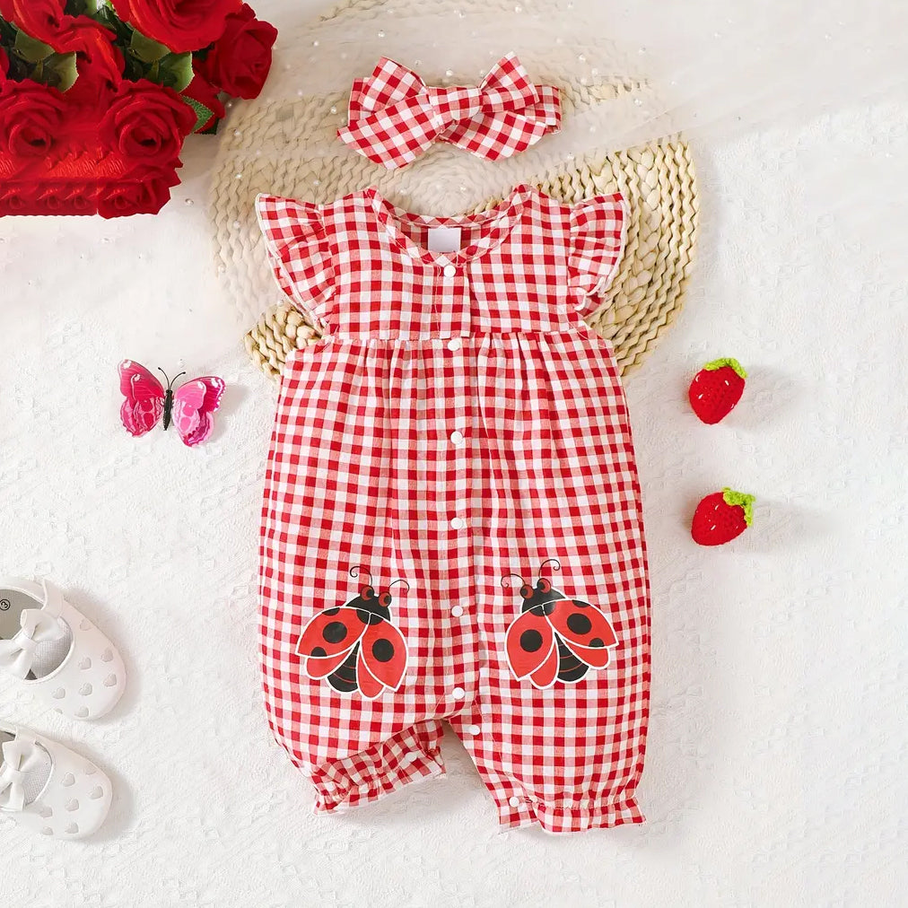 2PCS Lovely Plaid and Ladybug Printed Sleeveless Baby Jumpsuit