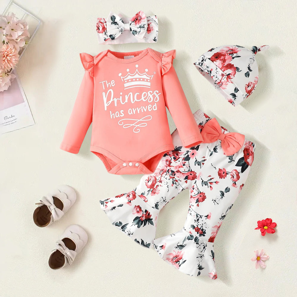 4PCS Princess Has Arrived Letter Floral Print Baby Set