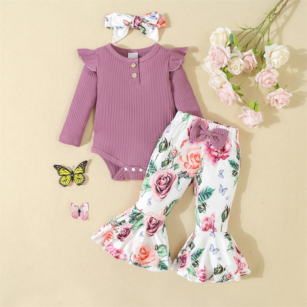 3PCS Stylish Floral Print Bow Long Sleeve Baby Set
