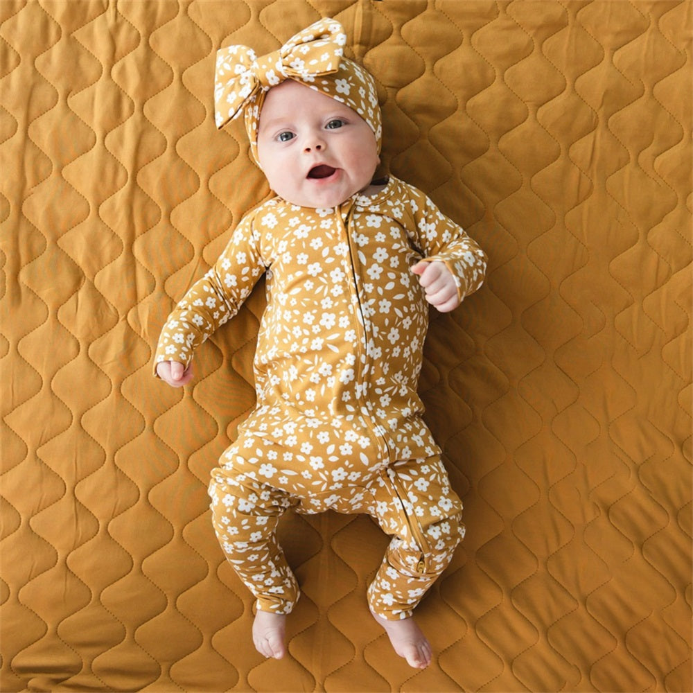 2PCS Allover Floral Print Long Sleeve Zipper Baby Jumpsuit