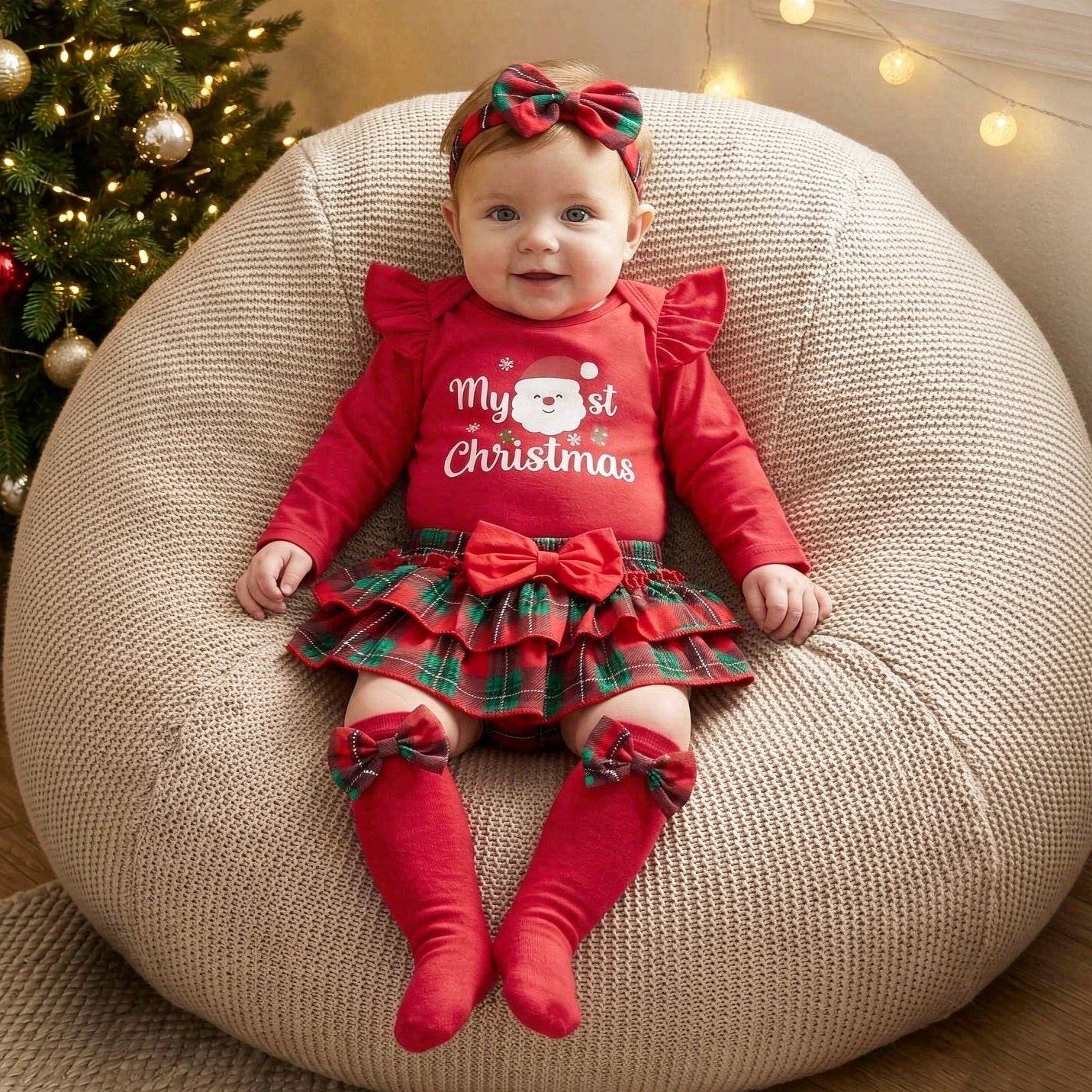 4PCS My 1st Christmas Letter Plaid Santa Claus Print Baby Set