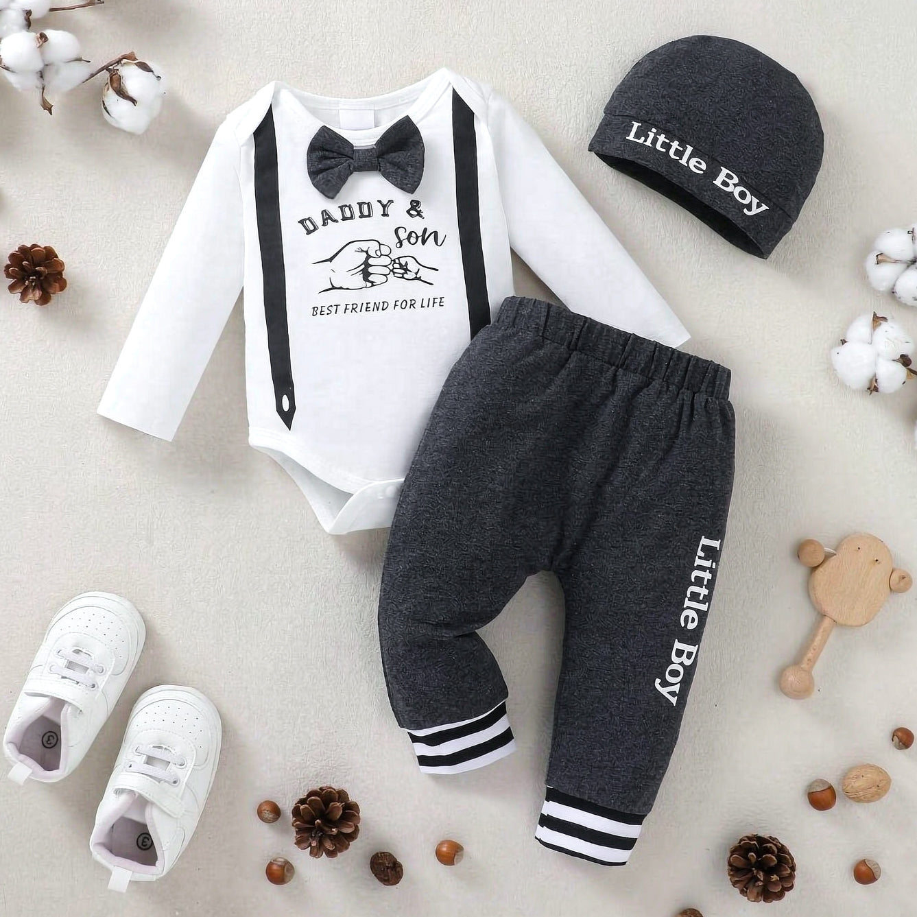 3PCS Stylish Daddy and Son Best Friend for Life Letter Printed Baby Set