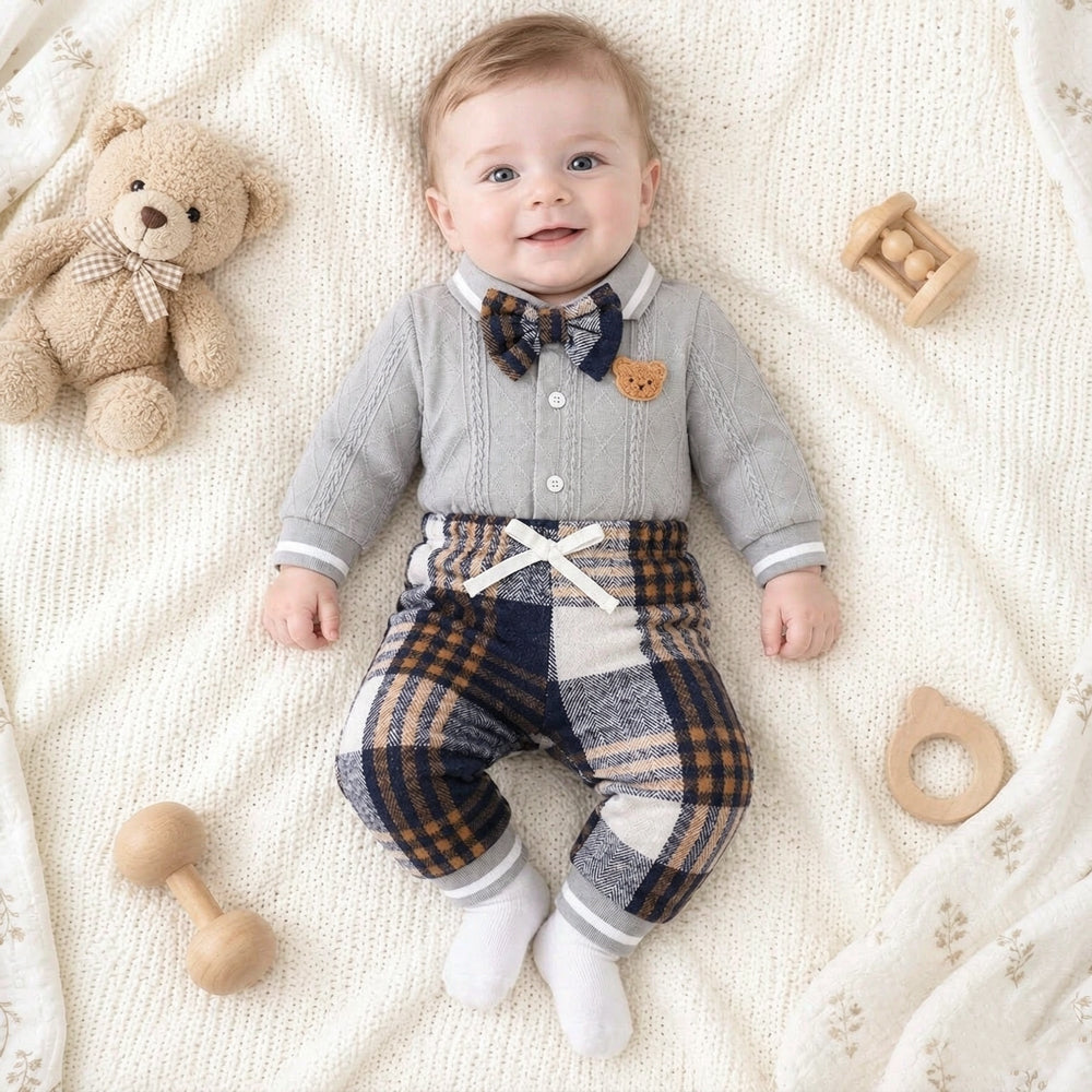 2PCS Chic Bear Applique Plaid Print Long Sleeve Baby Boy Set