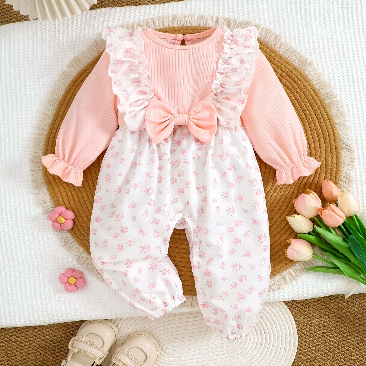 Chic Fake Two-Piece Floral Printed Ruffle Long Sleeve Baby Jumpsuit