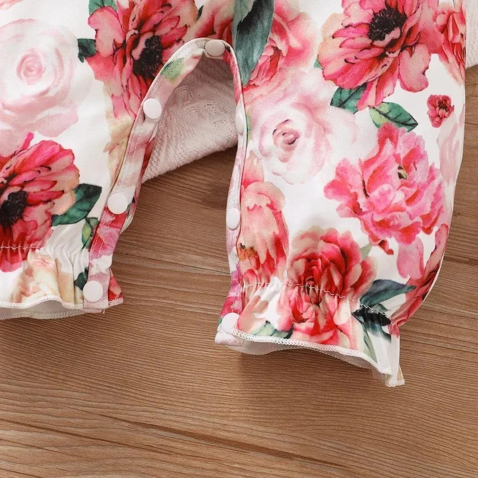 2PCS Endearing Floral Print Bow Long Sleeve Baby Girl Jumpsuit