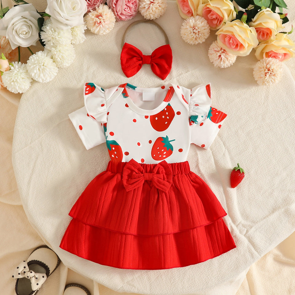 3PCS Vibrant Strawberry Print Short Sleeve Baby Girl Set