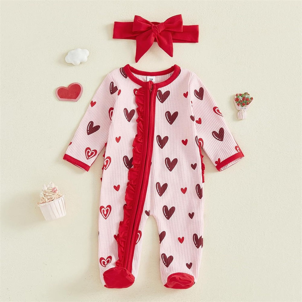2PCS Cute Heart Print Ruffle Long Sleeve Baby Jumpsuit