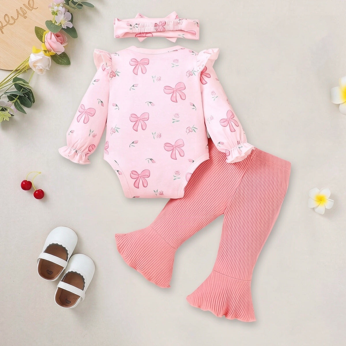 3PCS Delightful Bow Floral Print Long Sleeve Baby Girl Set
