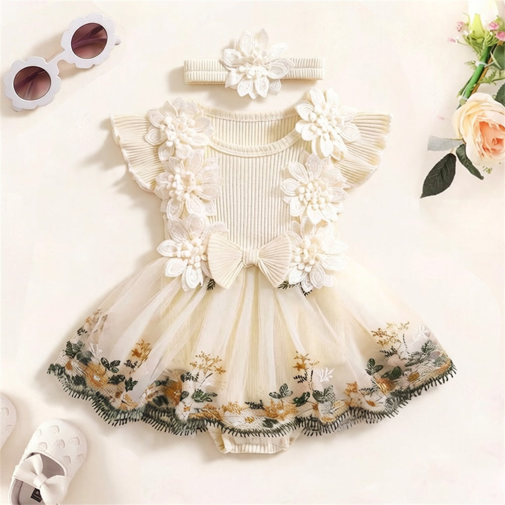 2PCS Floral Embroidery Flounce Sleeve Baby Romper