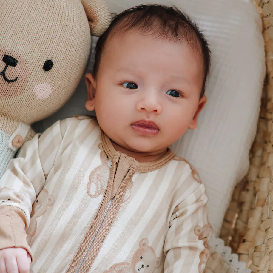 Lovely Teddy Bear & Stripe Print Zipper Long Sleeve Baby Jumpsuit