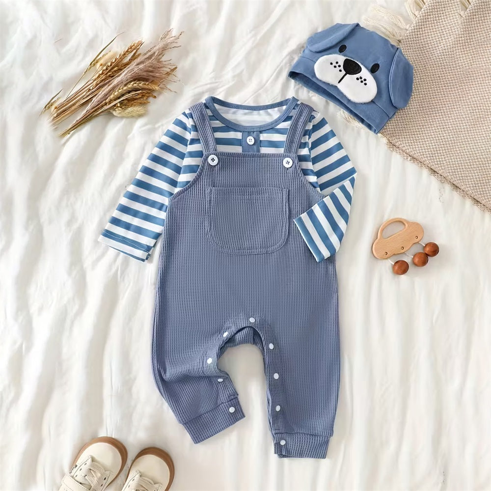 3PCS Casual Puppy Print Striped Long Sleeve Baby Set