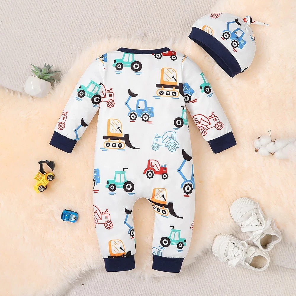 2PCS Cute Cartoon Loader Print Long Sleeve Baby Jumpsuit
