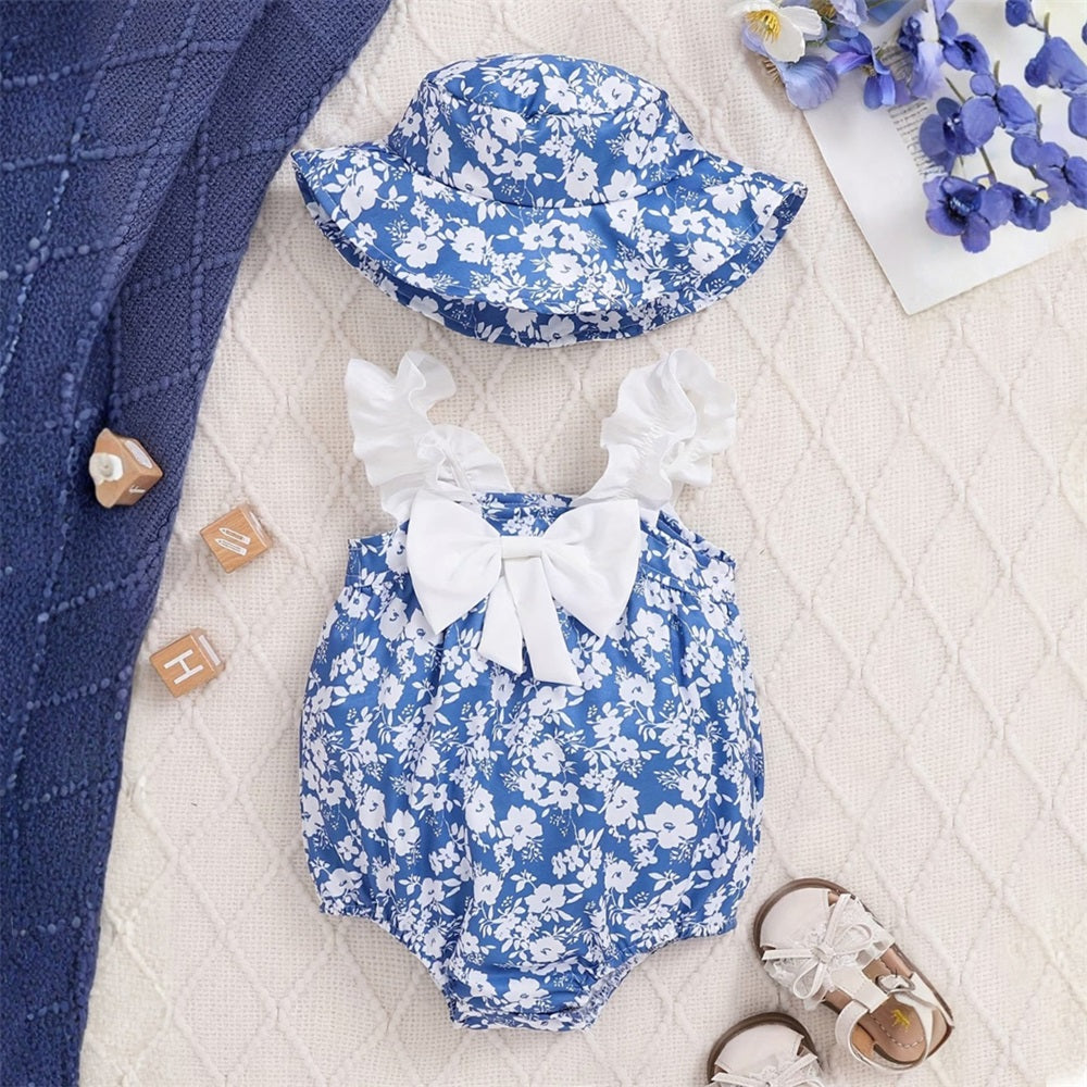2PCS Cute Floral Printed Frill Suspender Baby Romper