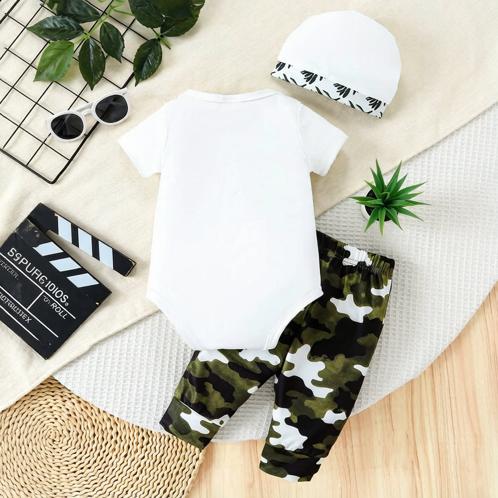 3PCS Cool Mama's Boy Letter Camo Print Short Sleeve Baby Set