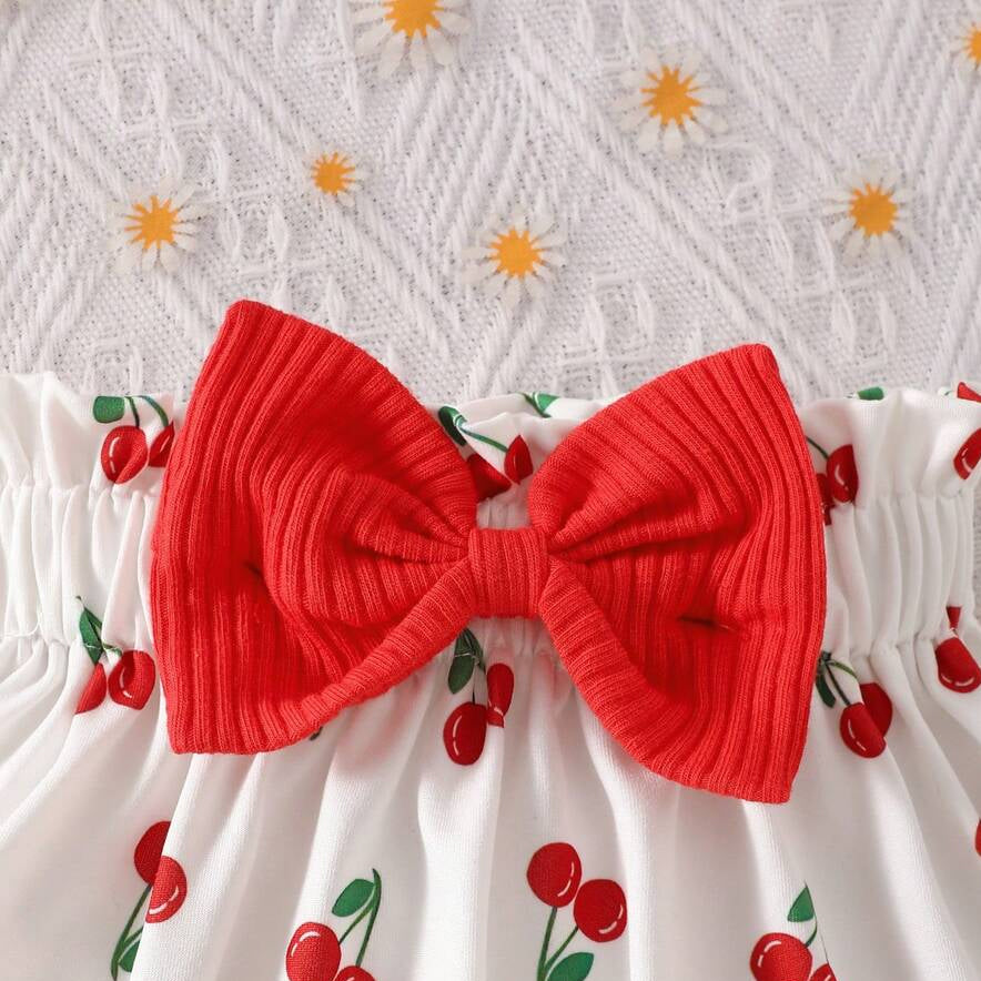 3PCS Summer Cherry Printed Sleeveless Baby Set