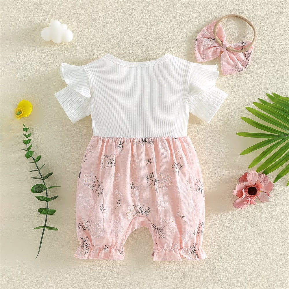 2PCS Sweet Floral Printed Bow Short Sleeve Baby Jumpsuit