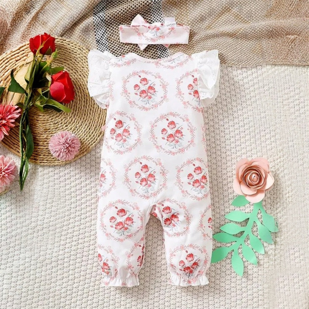 2PCS Lovely Floral Printed Lace Trim Sleeveless Baby Jumpsuit
