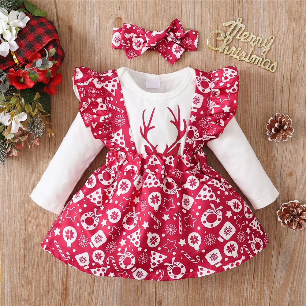 3PCS Merry Christmas Letter Reindeer Print Long Sleeve Baby Set