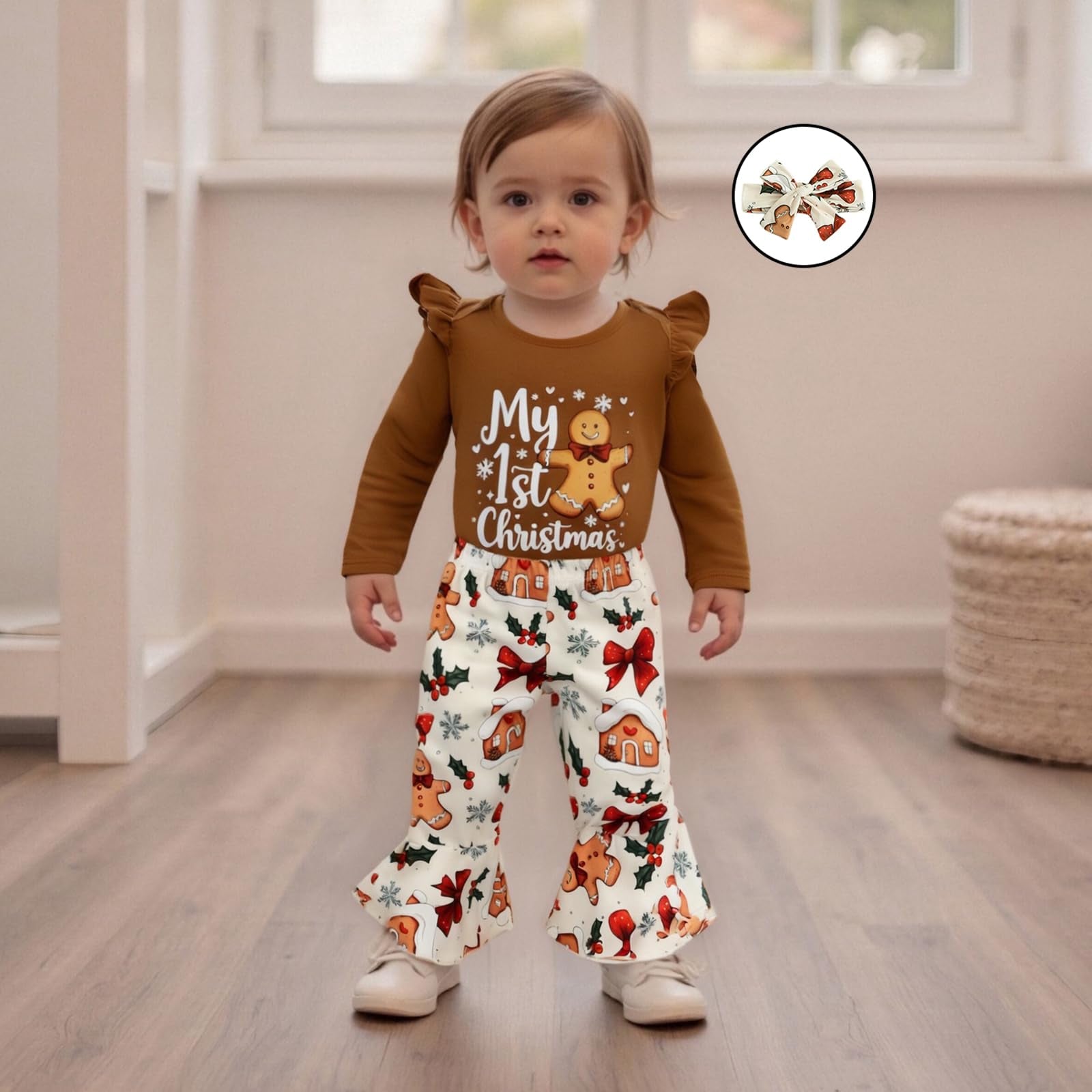 3PCS My 1st Christmas Letter Gingerbread Print Long Sleeve Baby Set