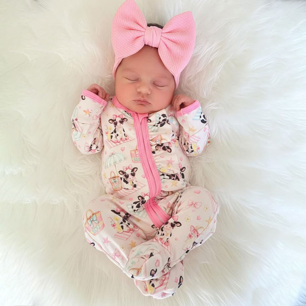 2PCS Cute Cow Printed Ruffle Zipper Long Sleeve Baby Jumpsuit