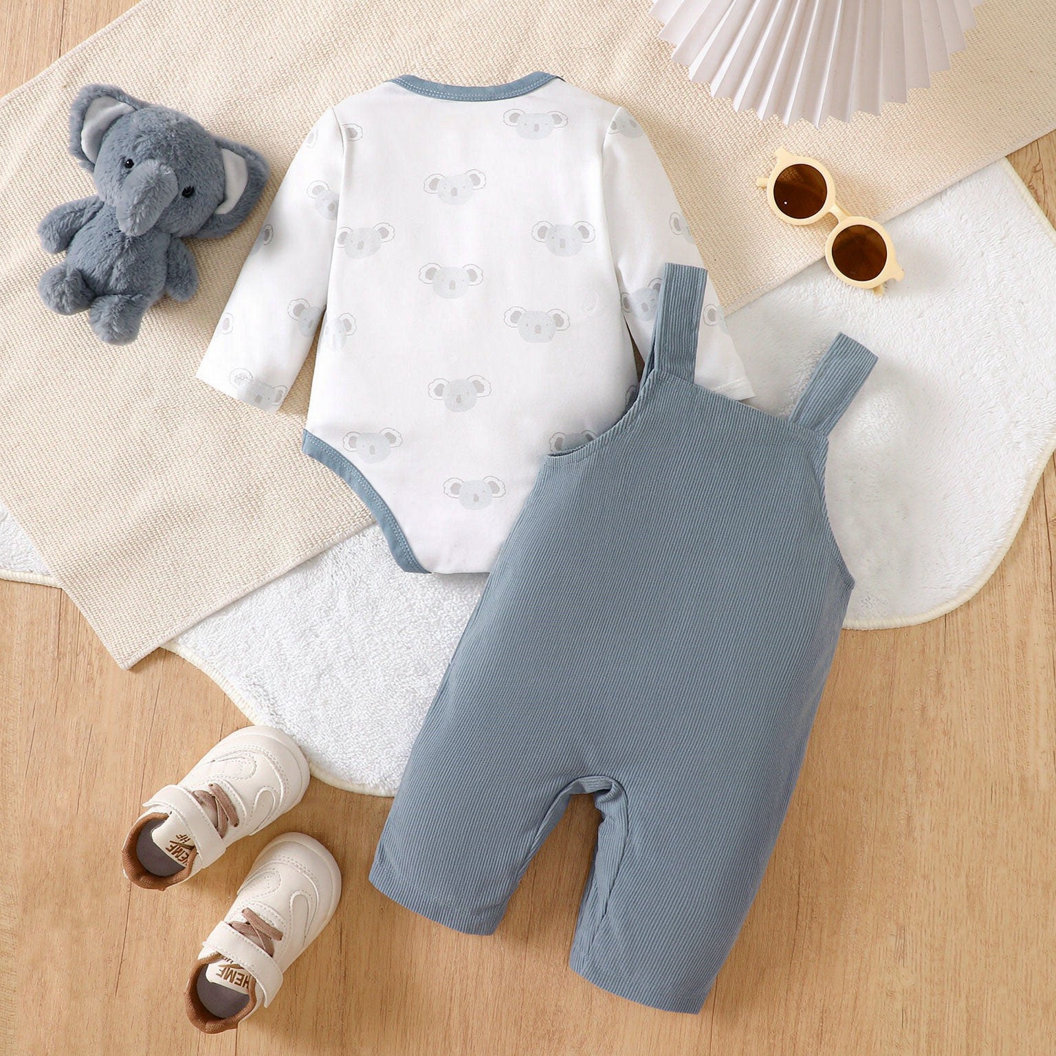2PCS Lovely Koala Embroidery Long Sleeve Baby Overalls Set