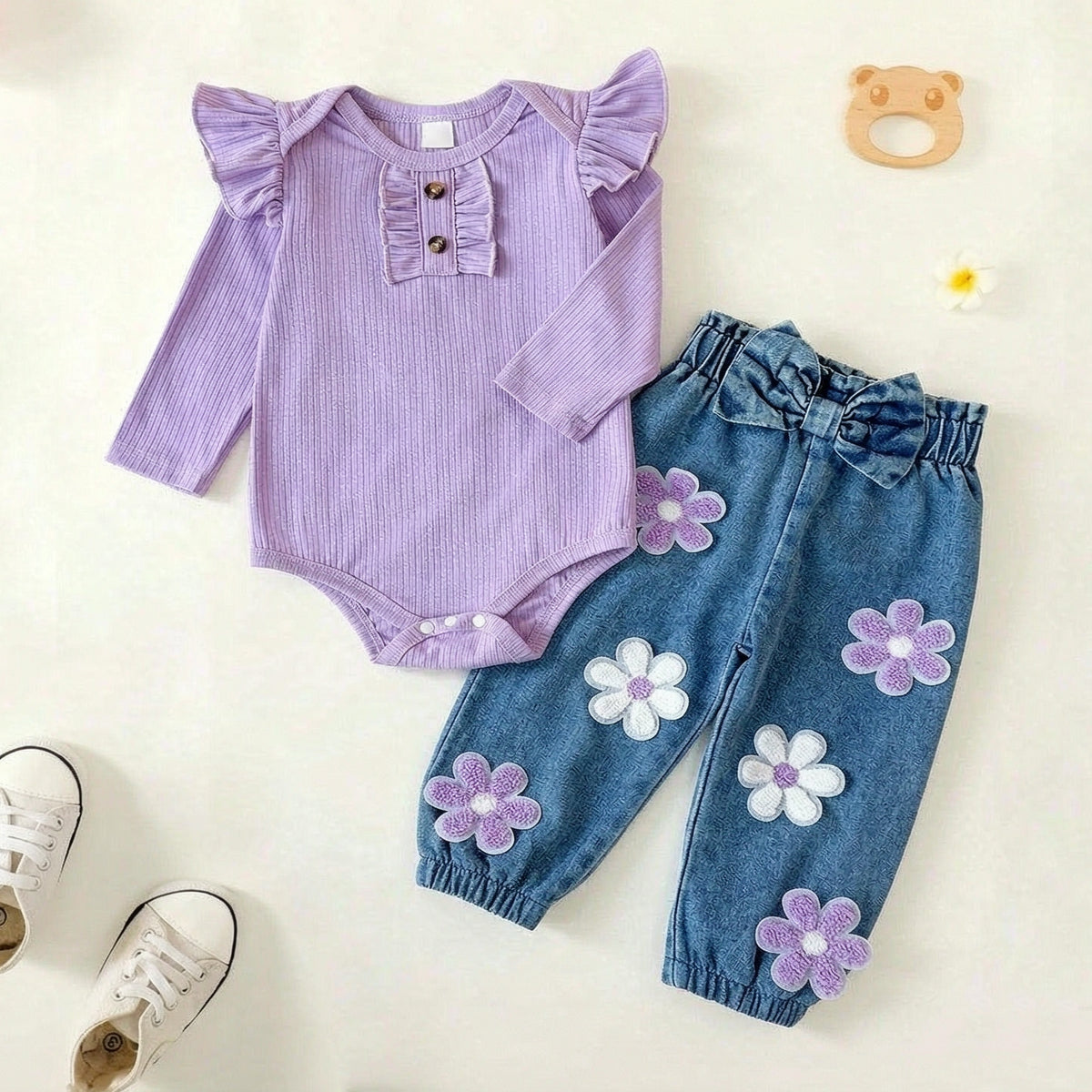 2PCS Pretty Floral Applique Long Sleeve Baby Girl Denim Set
