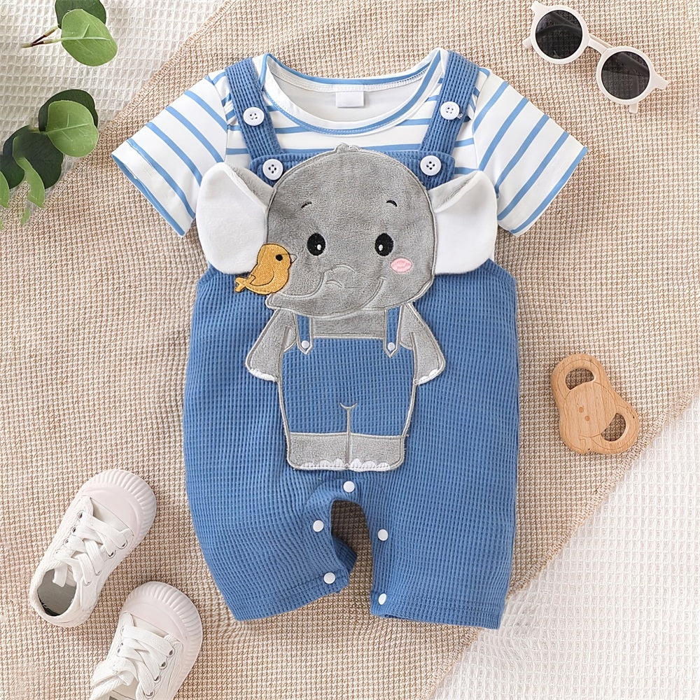 2PCS Cute Elephant Stripe Short Sleeve Baby Overalls Set