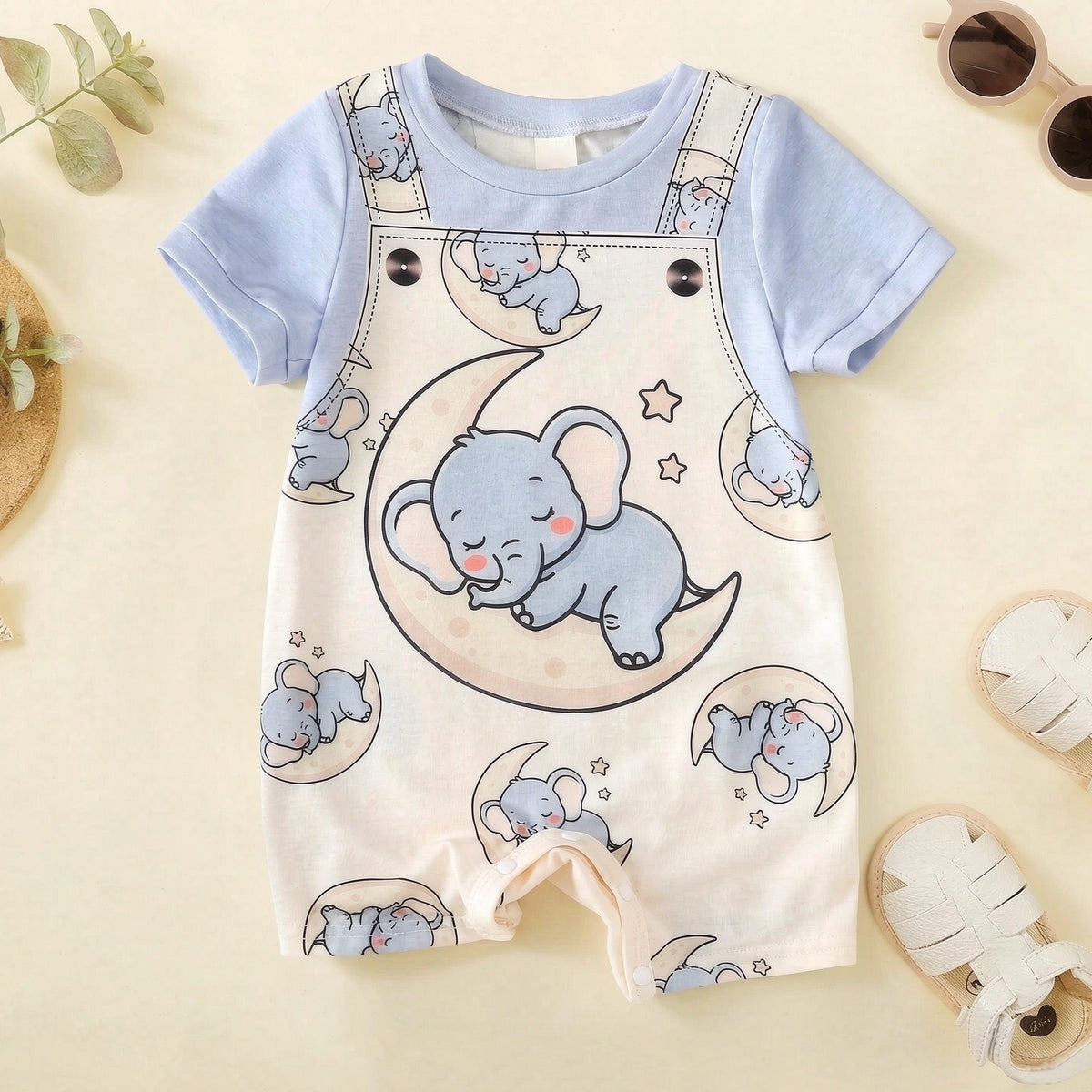 Lovely Elephant Print Short Sleeve Baby Jumpsuit