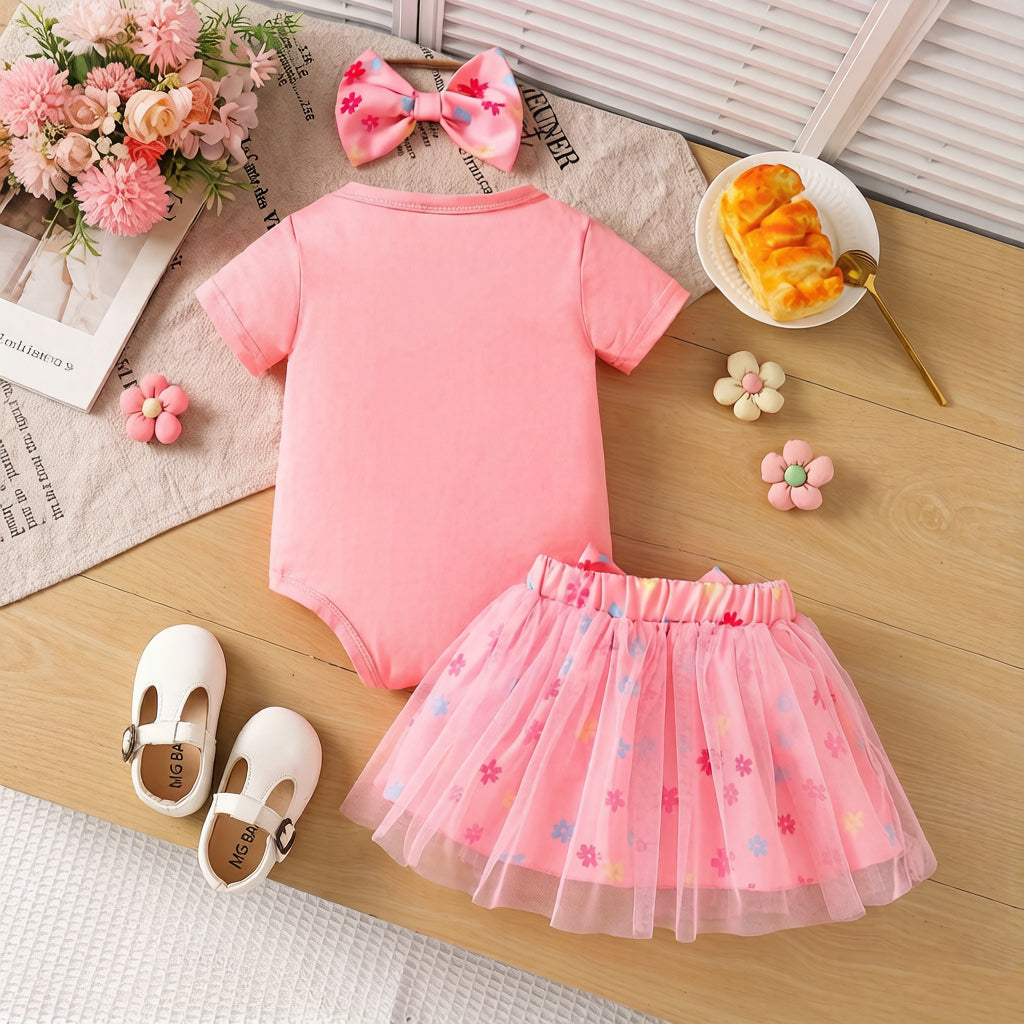 3PCS Daddy's Little Girl Letter Floral Print Mesh Baby Set