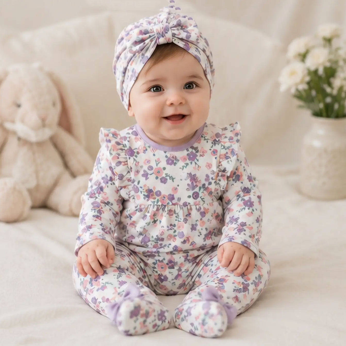 2PCS Cheerful Floral Printed Ruffle Long Sleeve Baby Jumpsuit