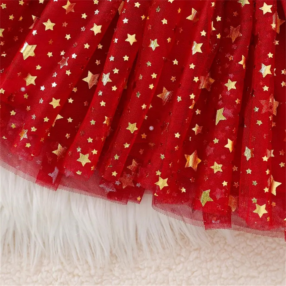 2PCS Cute Bubble Long Sleeve Star Mesh Dress