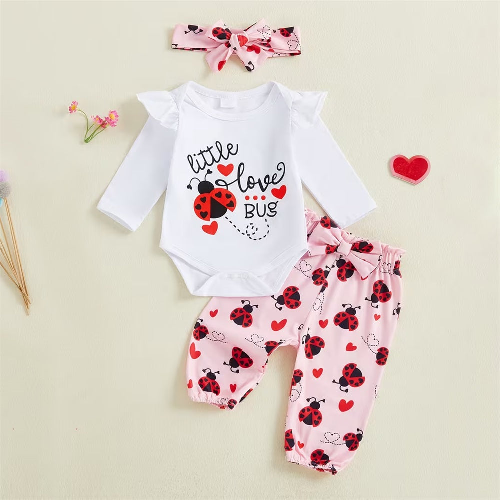 3PCS Little Love BUG Letter Print Long Sleeve Baby Set