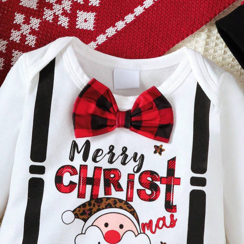 3PCS Merry Christmas Letter Santa Plaid Print Baby Boy Set