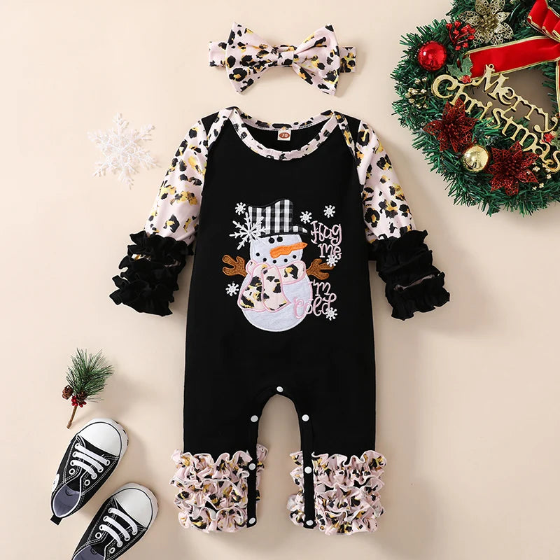2PCS Christmas Snowman Leopard Print Long Sleeve Baby Jumpsuit