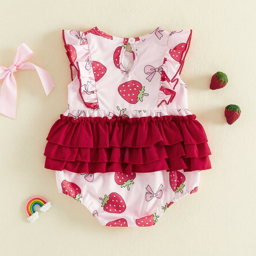 Cute Strawberry and Bow Print Ruffle Sleevelss Baby Romper