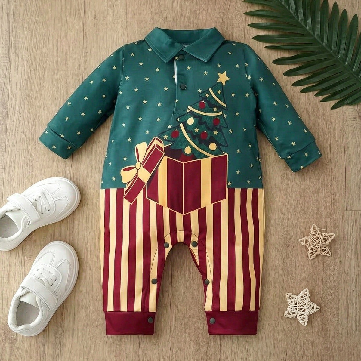 Lovely Tree Stripe Print Long Sleeve Baby Christmas Jumpsuit