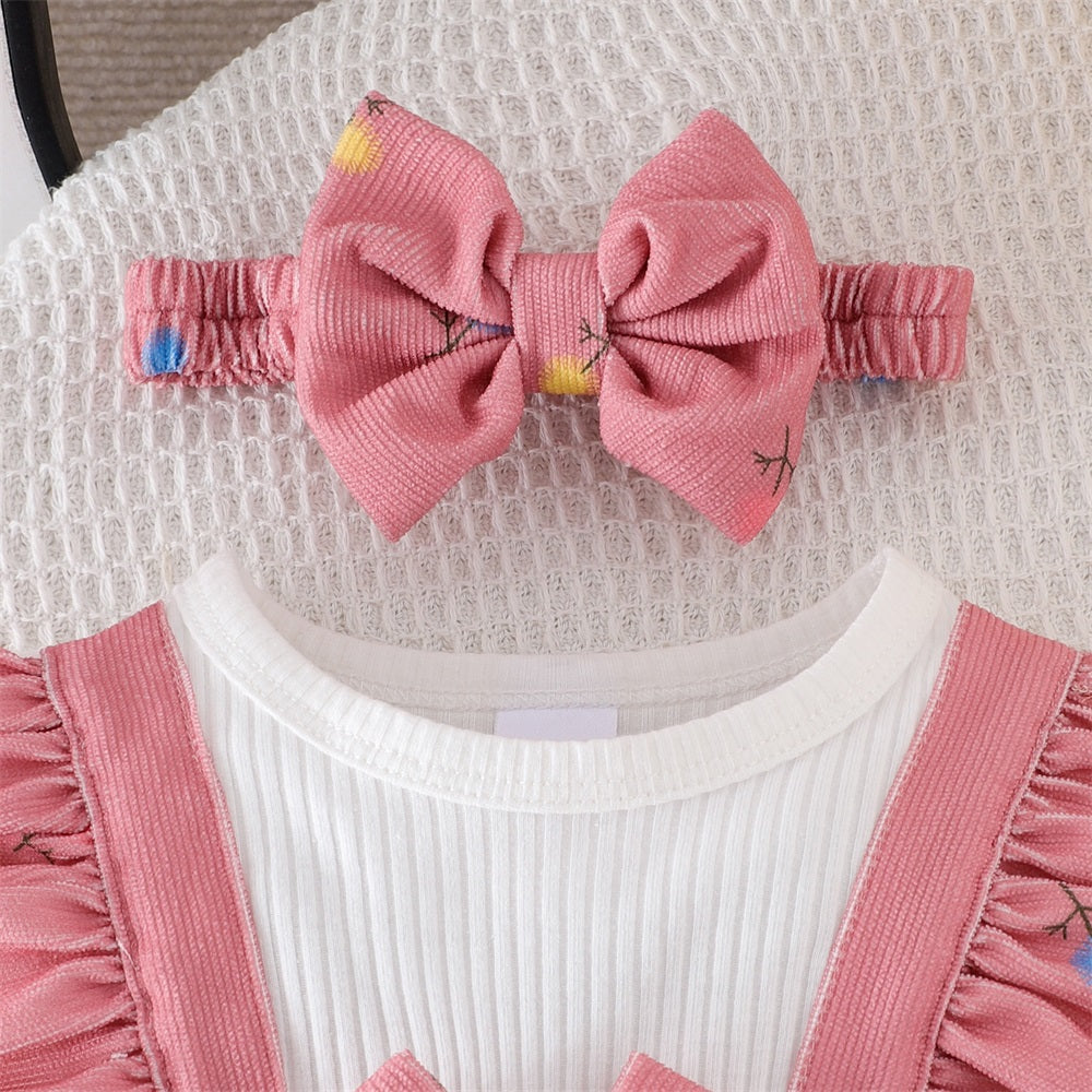 2PCS Cute Dandelion Print Bow Long Sleeve Baby Jumpsuit